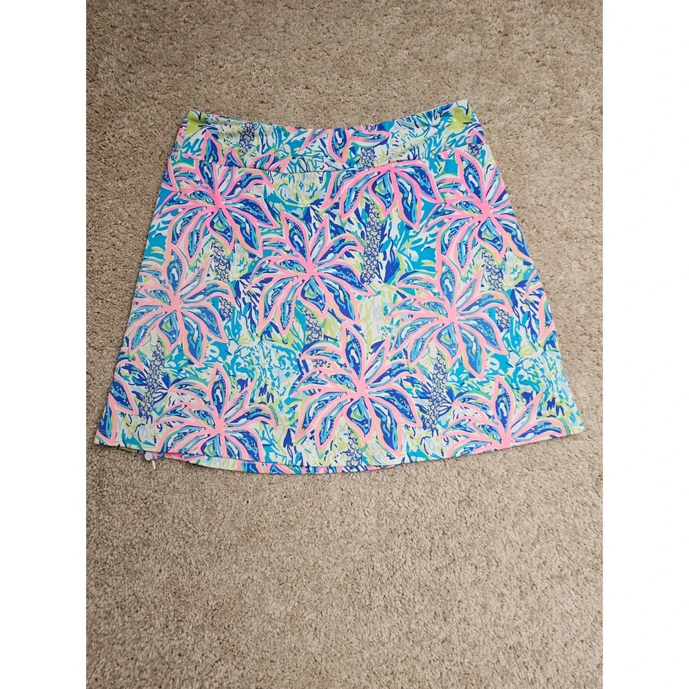 Lulu-B Tropical Palm Print Skort Pink Blue Green Small UPF 50+ Pocket Activewear